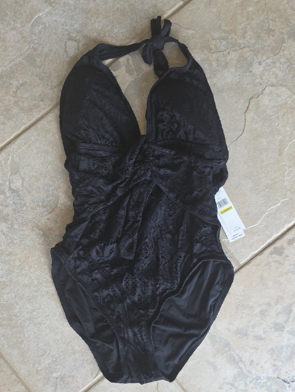 Carmen Marc Valvo Black Textured Halter Swimsuit Size 14